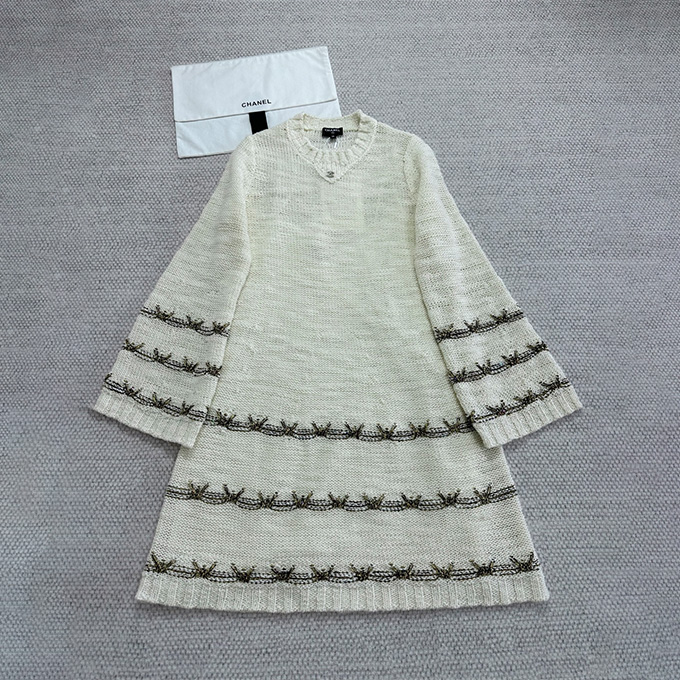 chanel metallic thread openwork long sleeve knit mini dress